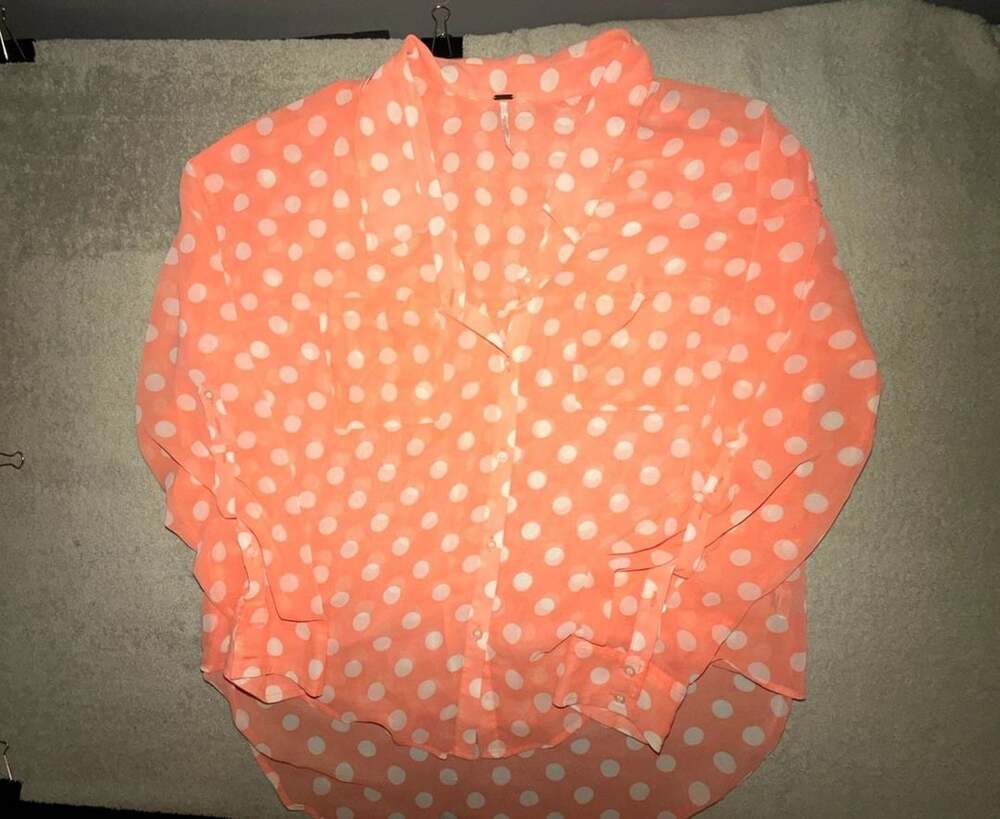 Free People Polka Dot Blouse Size M Orange White Chiffon Roll Tab